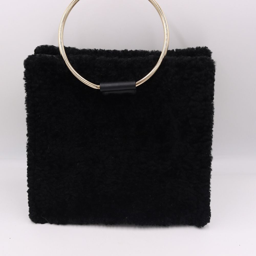 Tara Zadeh Black Fuzzy Purse Gold Square Hoop Handles Handbag Statement Bag